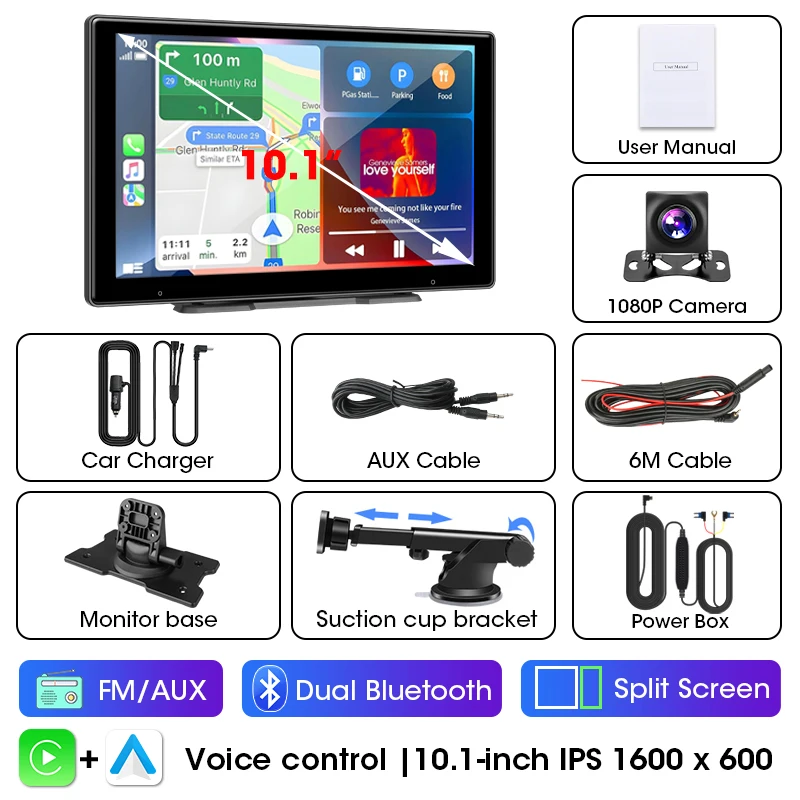 Jansite 10,1-дюймовый автомобильный видеорегистратор 4K Carplay Android Auto Dashcam Зеркальный видеоплеер с двумя объективами Bluetooth AUX Mirror-Link 1080P Задняя камера