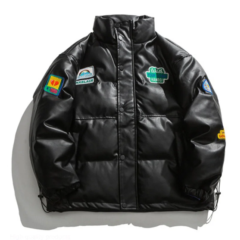 

Winter PU Leather Parka Men's Hip Hop Loose Letter Embroidery Harajuku Padded Jackets Coats Warm Outwear 2023
