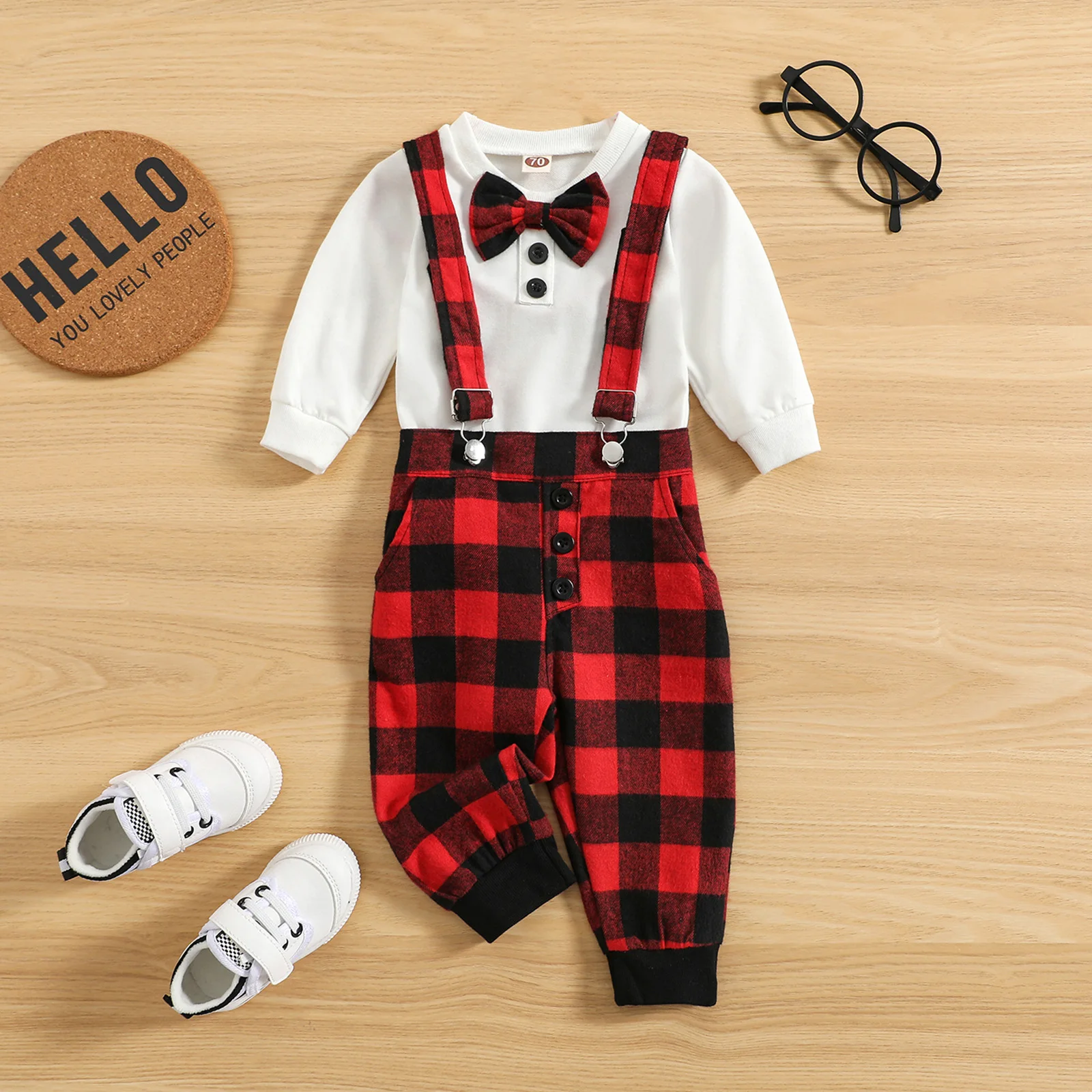 

Baby Boys Gentleman Clothes Set Warm Long Sleeve Round Neckline Bowtie Decorated Top with Adjustable Suspender Pants Party Wear