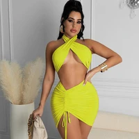 2021 womens two piece skirt set solid bandage criss cross halter backless crop topruched drawstring sexy mini skirt