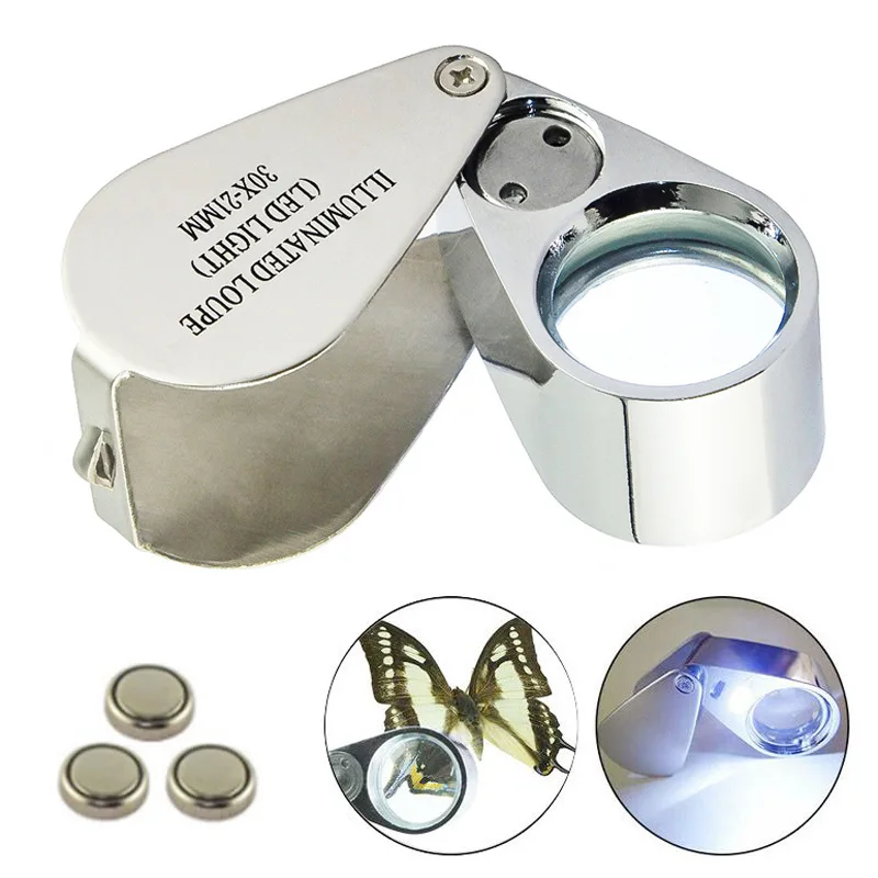 

30X Jewelry Magnifying Glass All-Metal with 2 Led Lights Pocket Illuminated Loupe Triplet Glass Diamond for Jade Appreciation