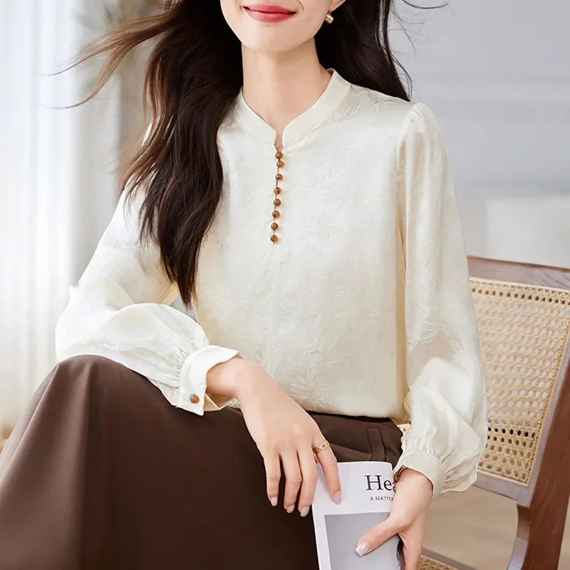 Новая женская блузка с воротником-стойкой однотонная длинным рукавом рубашка