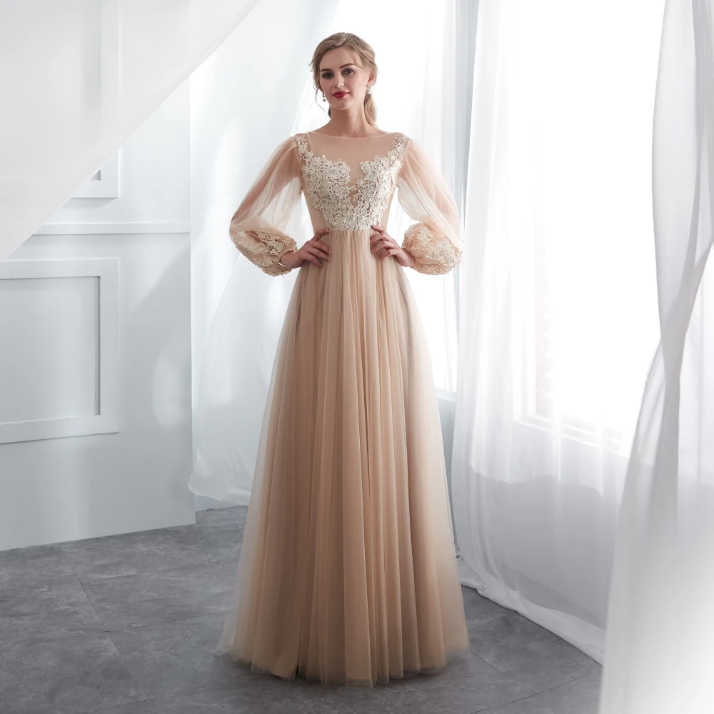 

Noble Club 2023 New Cocktail Boat Formal Long Puff Sleeve Party Lady Bridesmaid Gown Applique Prom Floor Length Evening Dress