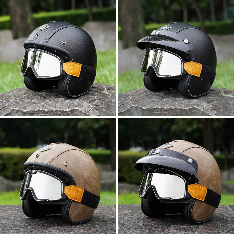 Шлем кожаный с открытым лицом защитный шлем в стиле ретро для скутеров круизеров