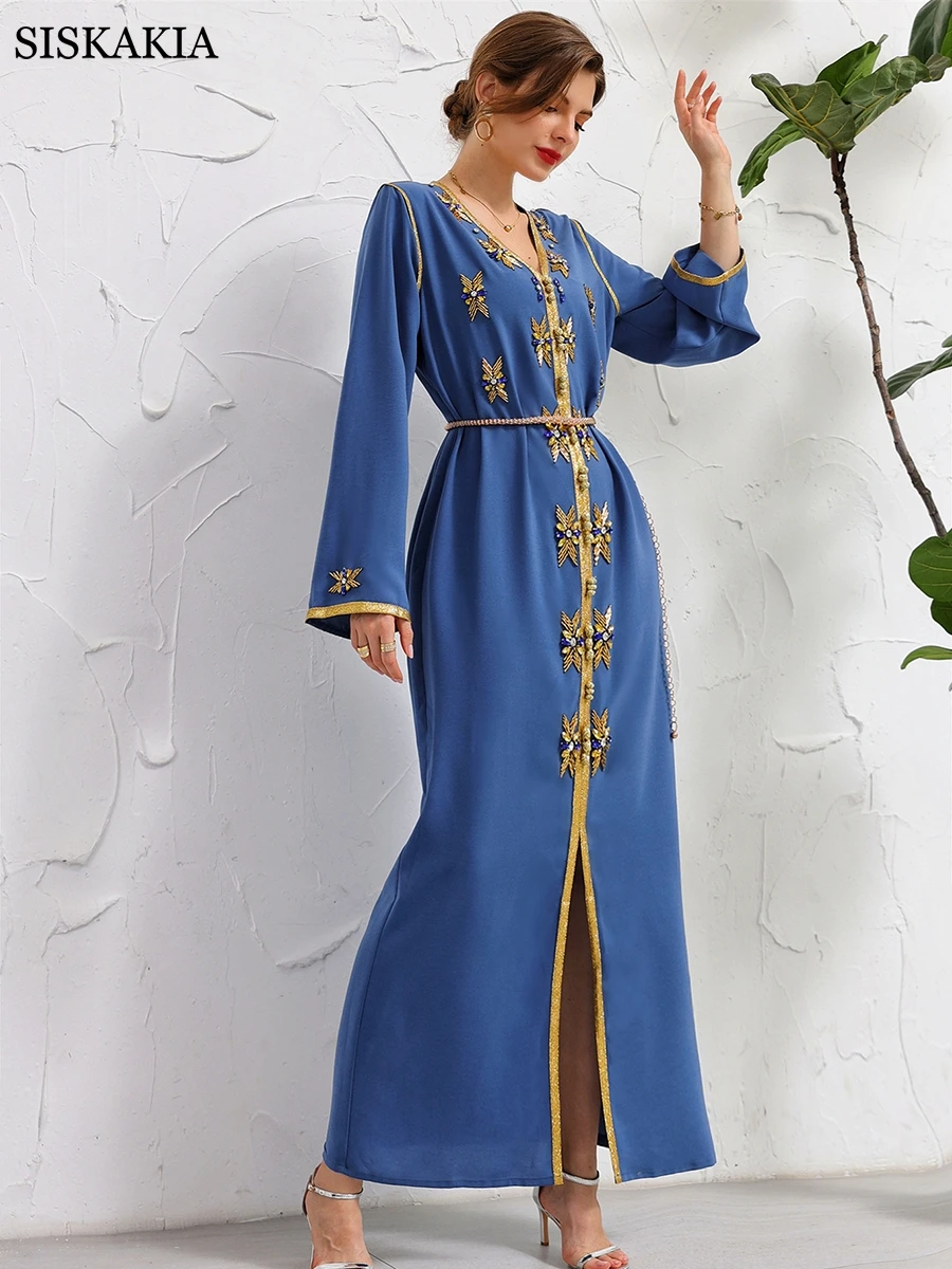 Party Festive Dress For Women Luxury Hand-Sewn Gold V Neck Diamond Robe Arabic Oman Dubai Moroccan Belted Kaftan
