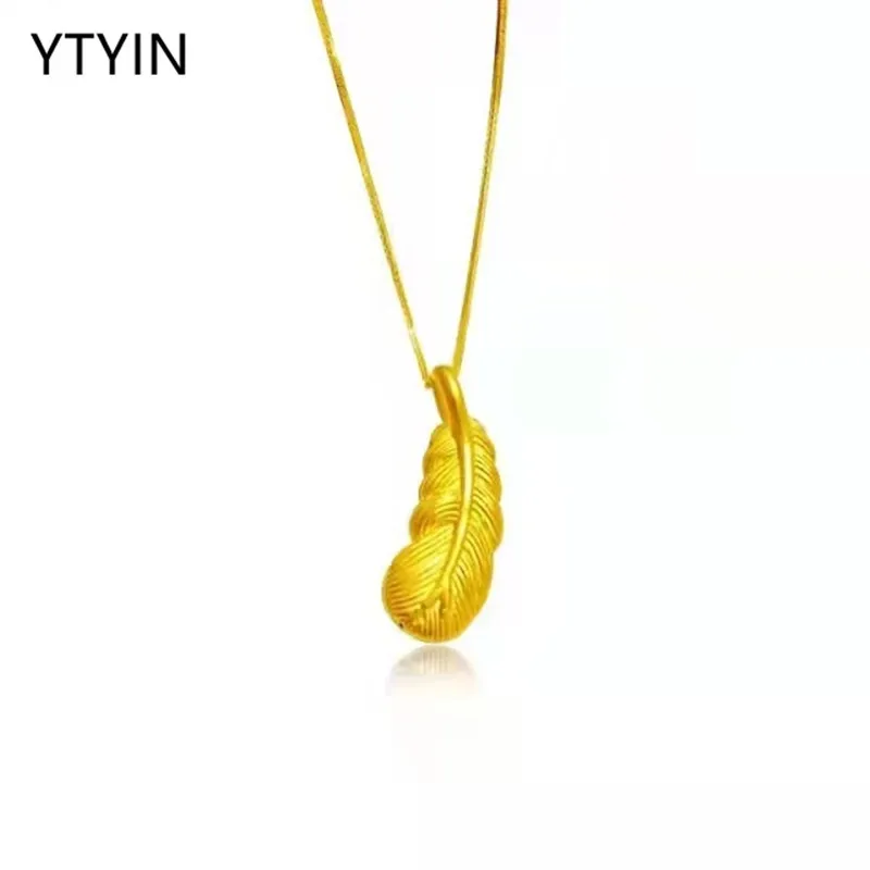 

YTYIN Pure 999 24K Yellow Gold Pendant Necklace Simple Mini Feather Pendant Real 18K Gold Chain for Women Fine Jewelry Gift