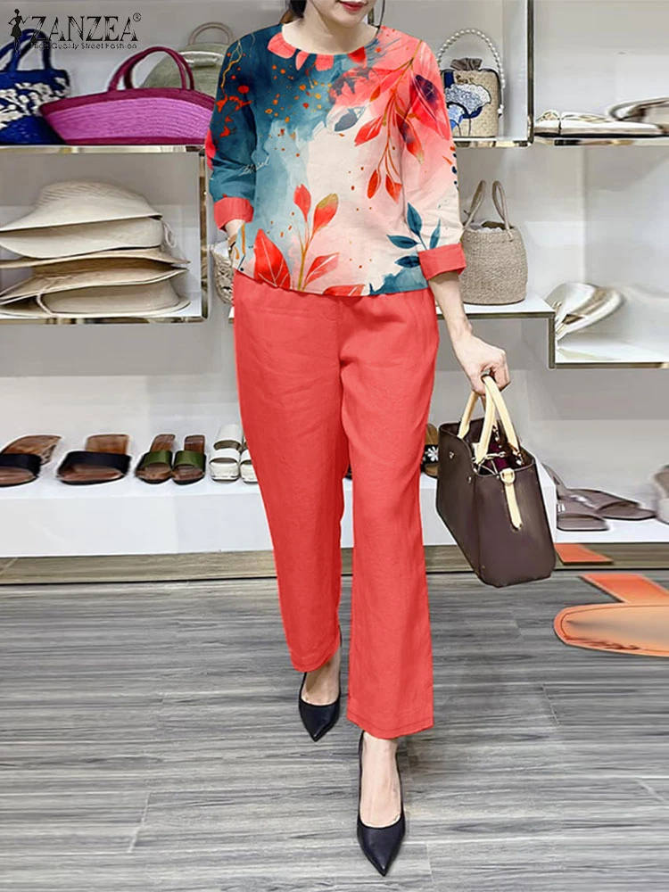 ZANZEA Элегантные женские комплекты рабочих брюк Модная блузка с рукавами 3/4 и