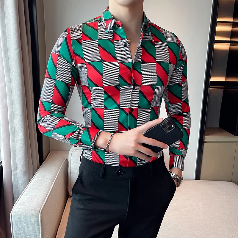 

Men's Plaid Fashion Print Long Sleeve Casual Shirt New Slim Social Dress Shirt High Quality Men's Club Party Night Club Shirt