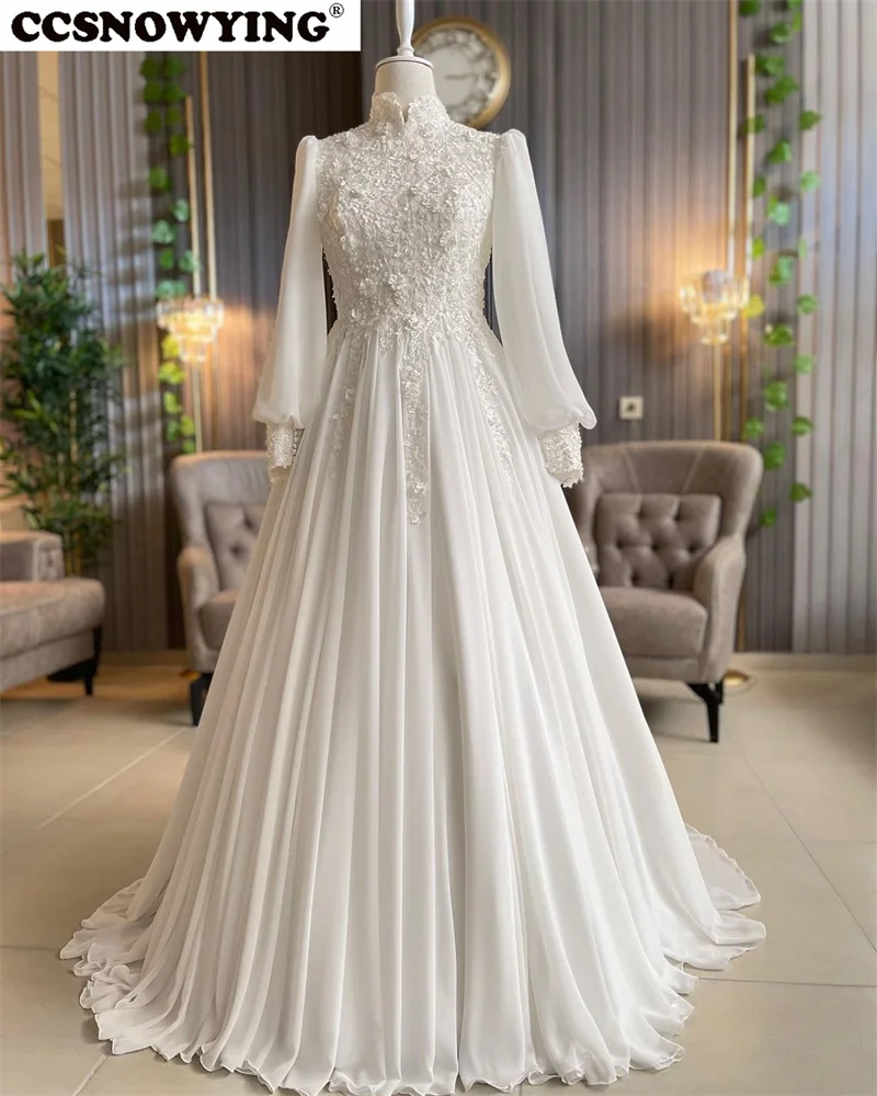 

Chiffon Appliques Long Sleeve Wedding Dress for Bride with Cape High Neck Dubai Arabic Hijab Muslim Bride Gown Vestidos De Novia