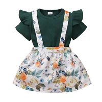 2pcs kids baby summer tracksuit solid color ribbed short sleeves t shirt floral overalls dress for girls 18 months to 6 years