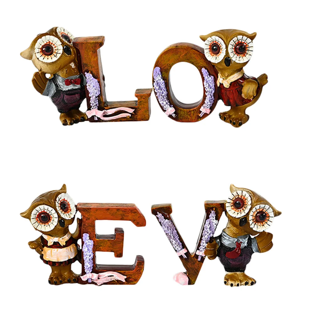 

1 Set Owl Shaped Resin Ornaments Romantic LOVE Letters Statue Ornaments