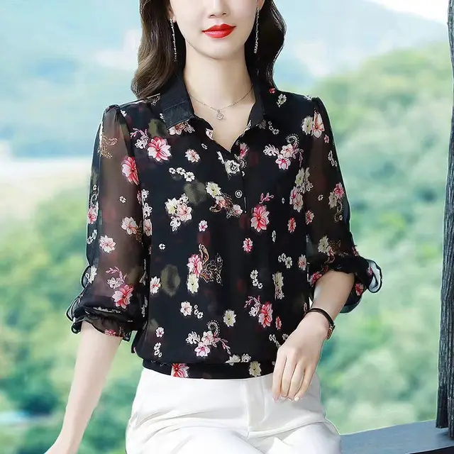 Solid Color Chiffon Shirt Women's New Summer V Neck Bottoming Top 3/4  Sleeve Versatile Pullovers Chiffon Blouse M-4XL - AliExpress