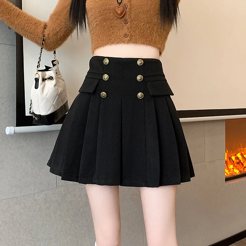 Женская шерстяная плиссированная короткая юбка двубортная мини-юбка с высокой