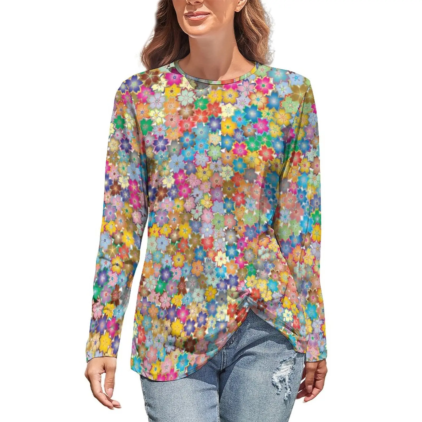 

Bright Flowers T-Shirt Cute Floral Print Funny Long Sleeve T-Shirts Womens Street Style Tshirt Oversize Printed Tops