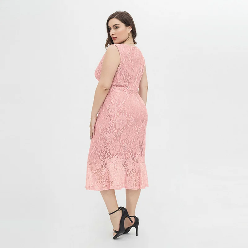 Plus Size Dress Women Summer 2022 Sweet Elegant Sexy Slim Lace Pink Print Pattern Calf Length Sleeveless Large Size Dress 4XL