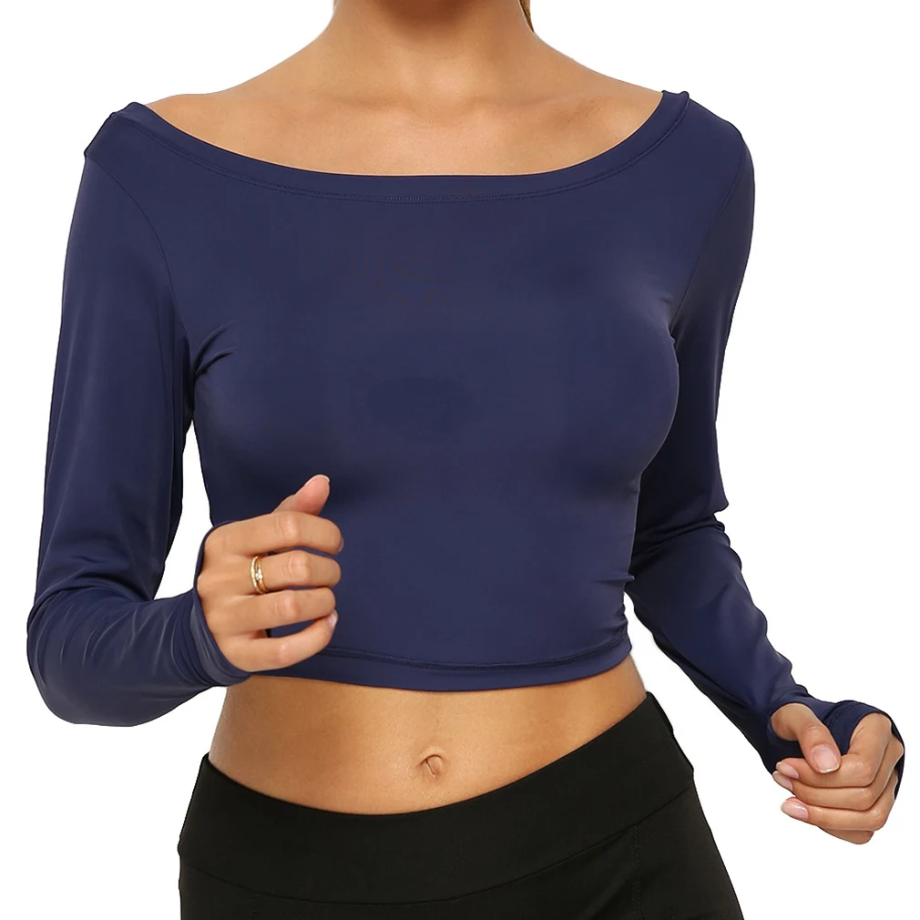 

Women's Sports Leisure Dance Yoga Fitness Round Neck Halter Top Long Sleeve Blue L Size