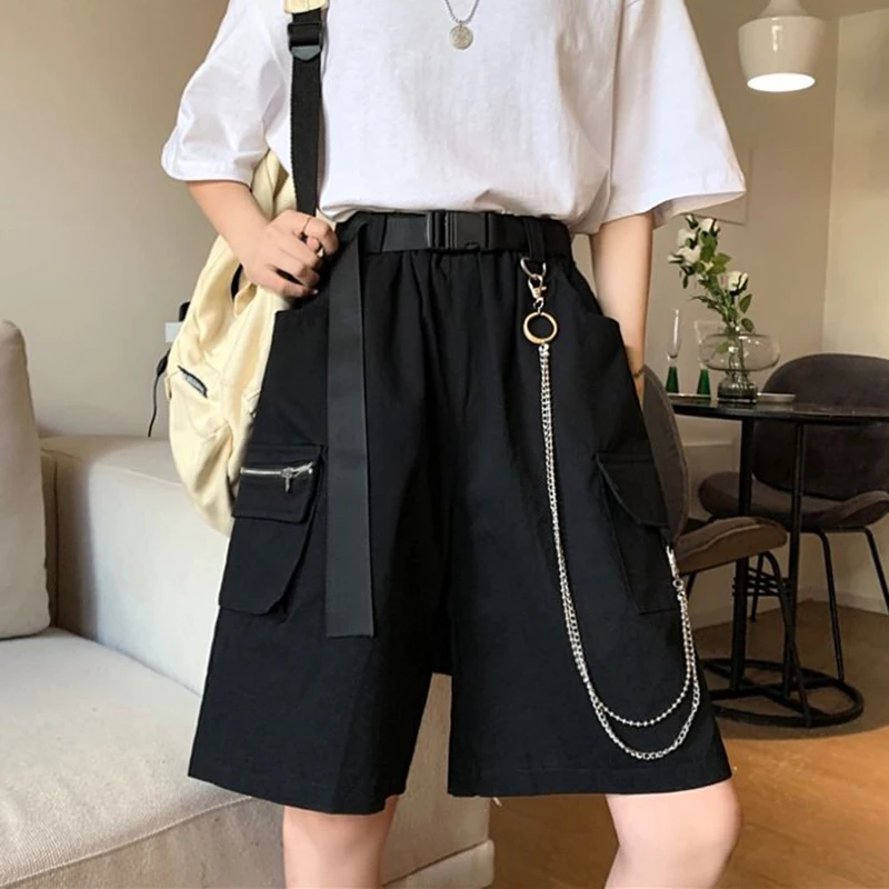Rimocy Harajuku Chain Cargo Shorts Women 2022 Summer Big Pockets Wide Leg Shorts Woman Black High Waist Streetwear Shorts Female