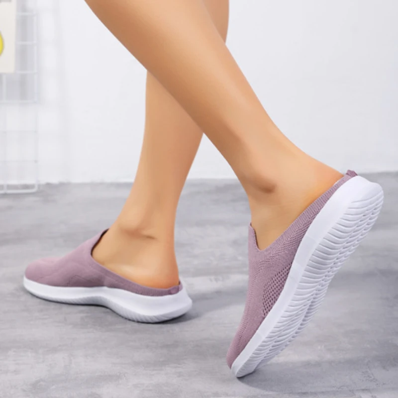 Women Slipper Spring Autumn Solid Color Elastic Fabric Mules Comfortable Soft Bottom Flat Shoe Slip-on Mother Morning Walk Shoes