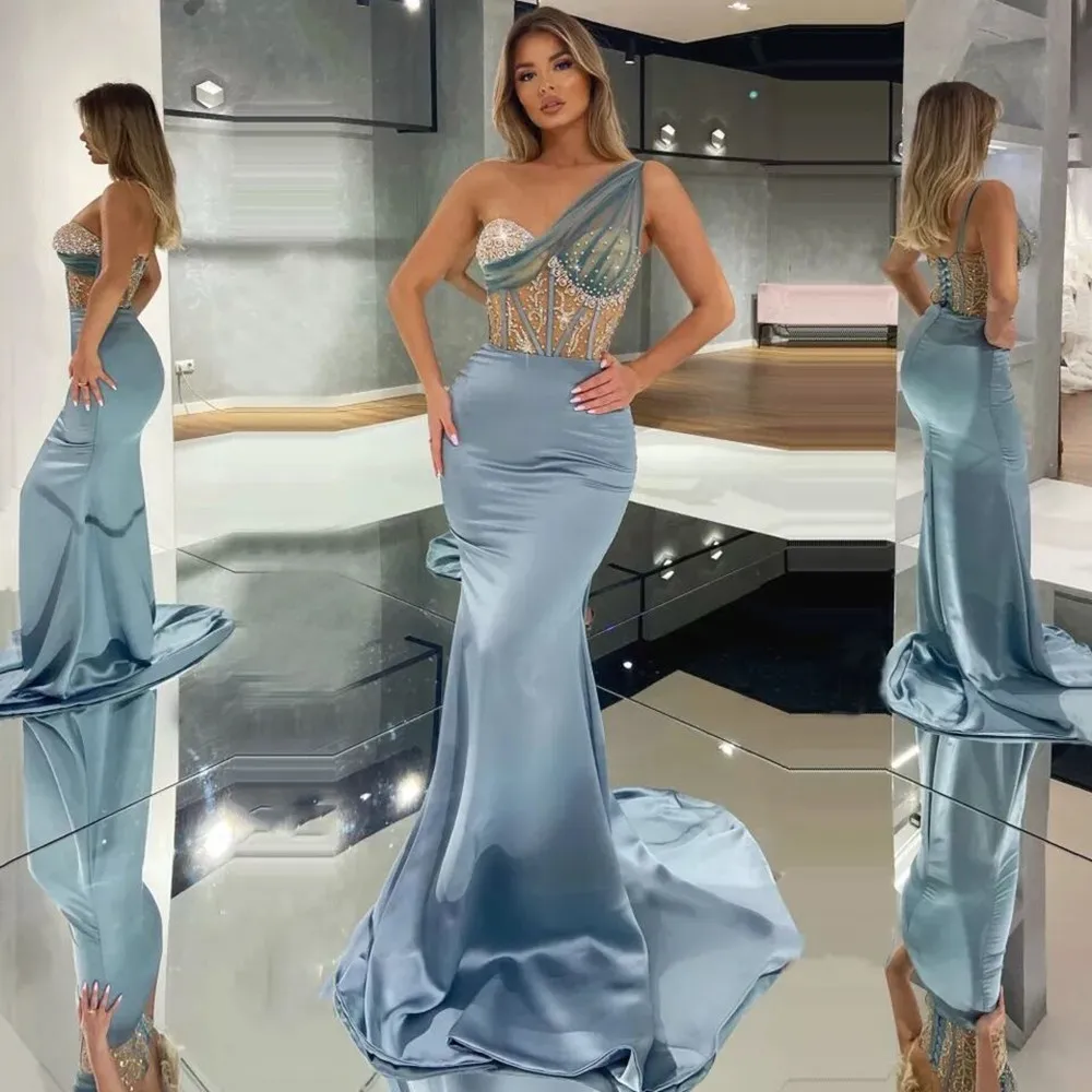 

Blue Sexy One-shoulder Formal Prom Dresses Luxury Arabic Mermaid Evening Dress Custom Made Party Gown for Banquet Robe de Bal