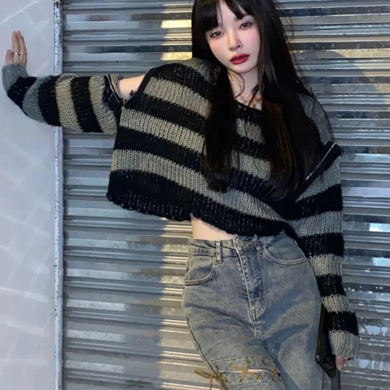 

Deeptown Vintage Ripped Sweater Women Cropped Striped Knitted Jumper Off Shoulder Sexy Knitwear Y2k Korean Fashion Oversized