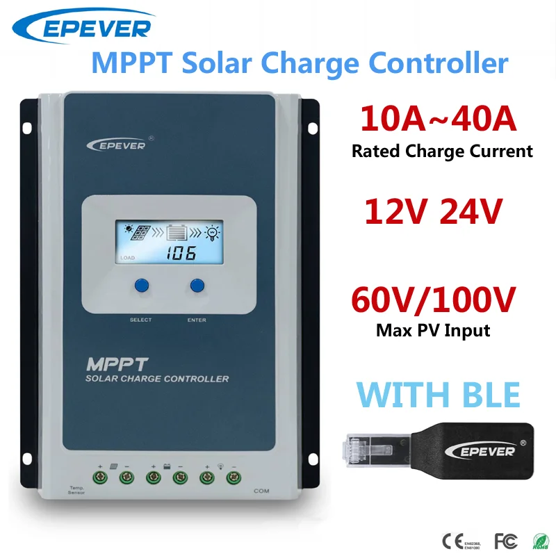 Контроллер заряда солнечной батареи EPEVER 10A20A30A40A MPPT 12 В 24 в автоматический максимальный PV вход 60 в 100 в регулятор с аксессуаром BLE Bluetooth
