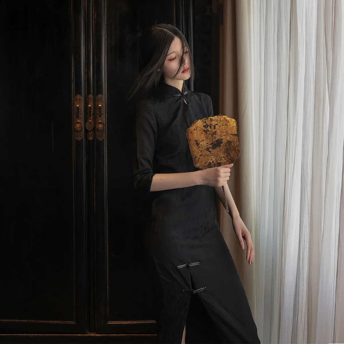 Женское жаккардовое платье-Ципао с разрезом в китайском стиле