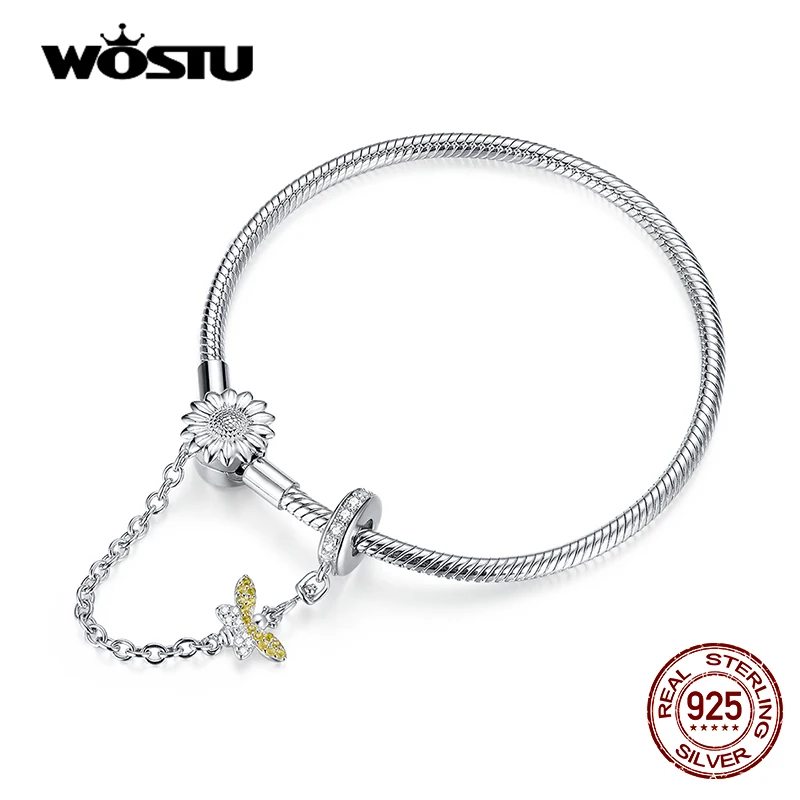 WOSTU Silver Bracelet 925 Sterling Silver Busy Bee & Sunflower Safety Chain Women Bracelets for Women Fashion Jewelry CTB041