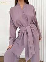clacive casual purple home suits lady fashion loose high waist wide pants set elegant lace up robes 2 piece sets womens outfits