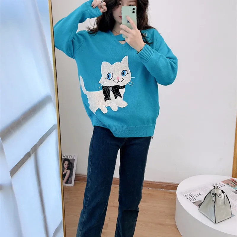 New Arrival Cute Cat Sweaters Autumn Winter Sweater Women Loose Style Pullover Knitted Sweater Tops Women Streetwear Sweaters