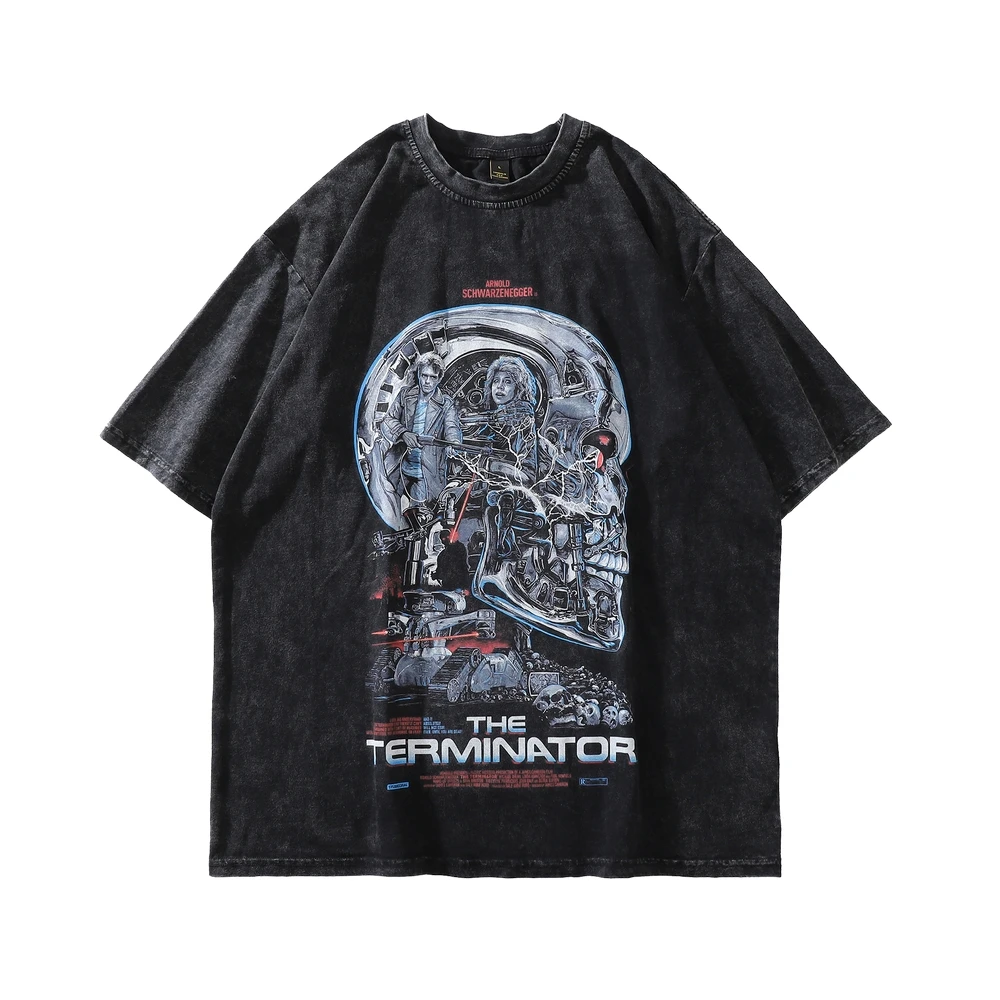 

Vintage Tshirt Men Streetwear Hip Hop Skull Robot Graphics Print Distressed T-Shirt 2022 Harajuku Summer Cotton Washed Tshirt
