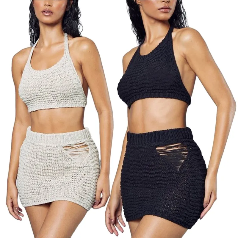 

Women Dress Summer 2023 Beach Cover Up Outfit Swim Ladies Knitted Neck Strap Sexy Backless Slim One Short Skirt Two Piece Solid