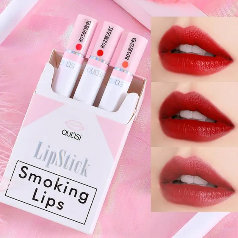 

3PCS Lipstick Set Waterproof Cigarette Matte Lip Gloss Lasting Lip Glaze Velvet Lip Stick Tube Nude Red Lip Tint Lips Makeup