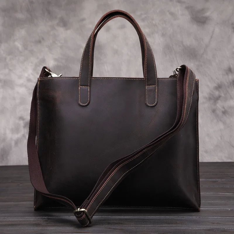 Simple vintage genuine leather men briefcase tote bag large capacity high quality luxury crazy horse cowhide work laptop handbag