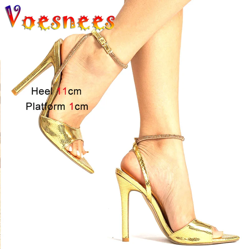 

11CM Women's Thin High Heels New Summer Pointed Party Shoes Fashion Ankle Strap Buckle Pumps Plus Size Gold Snake Print Sandals