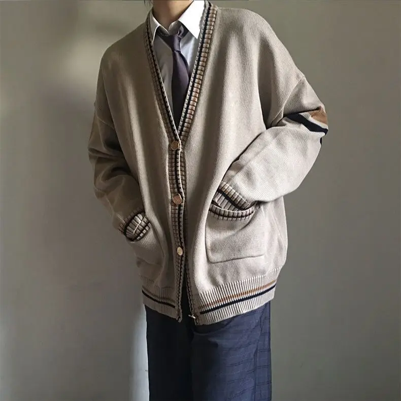 Spring Autumn Solid Stripes Casual Knitted Long Sleeve Cardigan Men Loose Top Sweater Gentle College Style Students Unisex DK JK