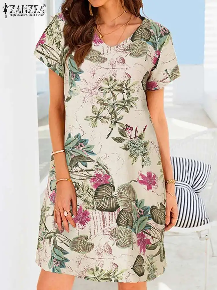 

Женское Хлопковое платье с принтом ZANZEA, повседневный свободный сарафан большого размера до колен в винтажном стиле, лето 2022