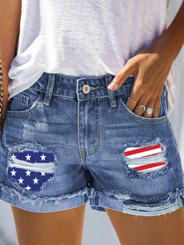 

2023 Summer American Flag Star Striped Ripped Hole Denim Shorts High Waisted Frayed Raw Hem Casual Jeans Shorts with Pockets