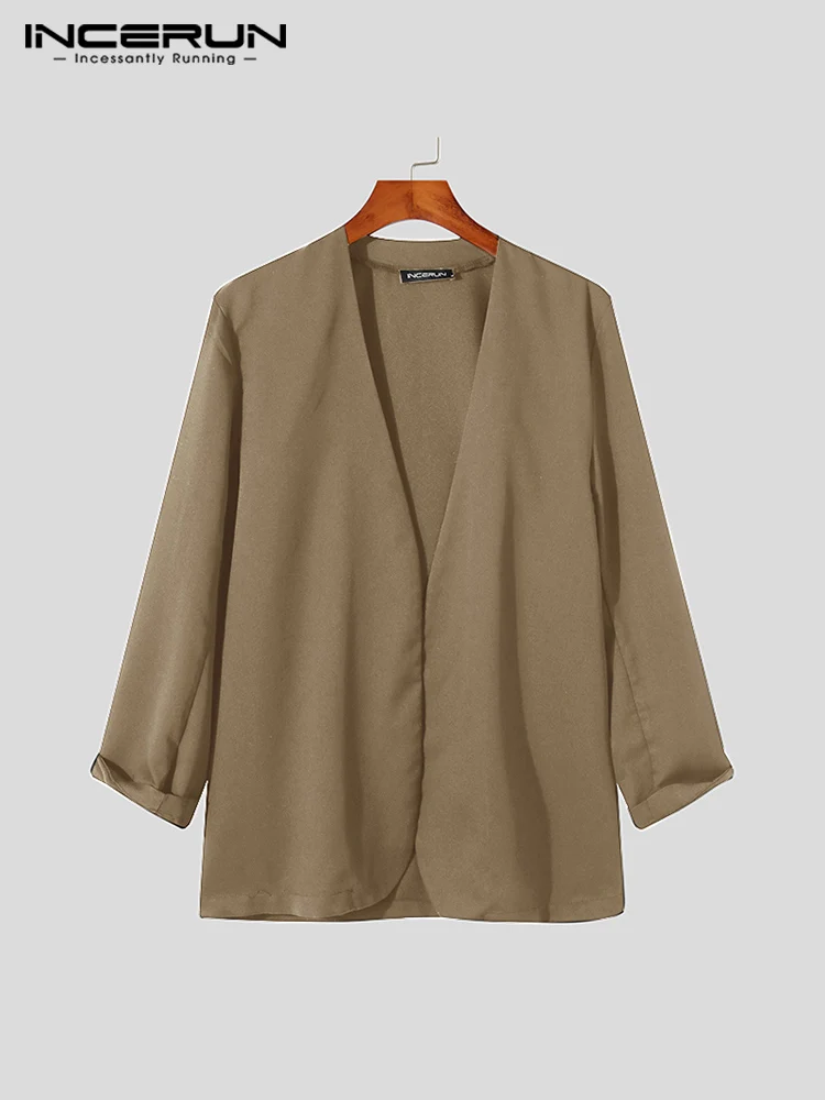 

INCERUN Men Shirt Solid Color V Neck Open Stitch Long Sleeve 2022 Casual Men Clothing Streetwear Fashion Leisure Outerwear S-5XL