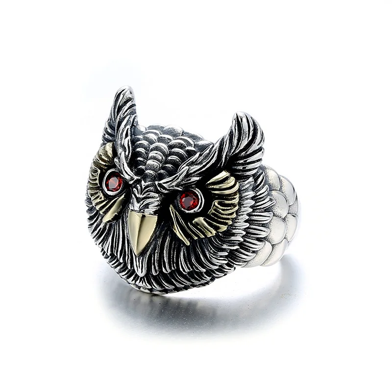 

Men's Red Eyed Owl Skull Punk Ring Retro Motorcyclist Gothic Rock Animal Ring Stick Ring