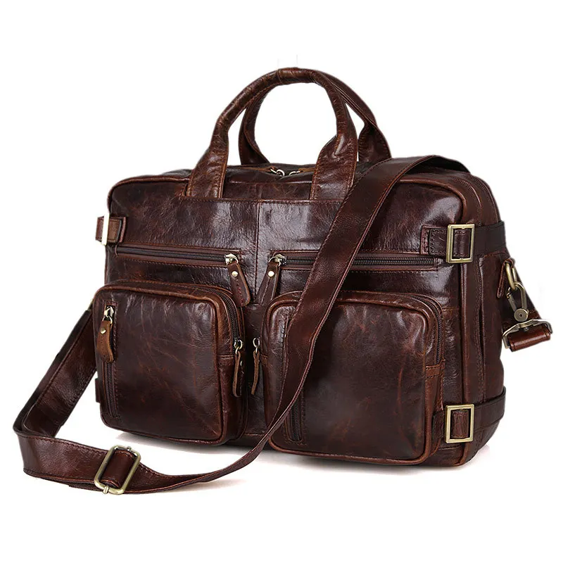 

Vintage Large Capacity Coffee Brown Genuine Leather Men Messenger Bags Executive Briefcase Shoulder Male Travel Bag M7026