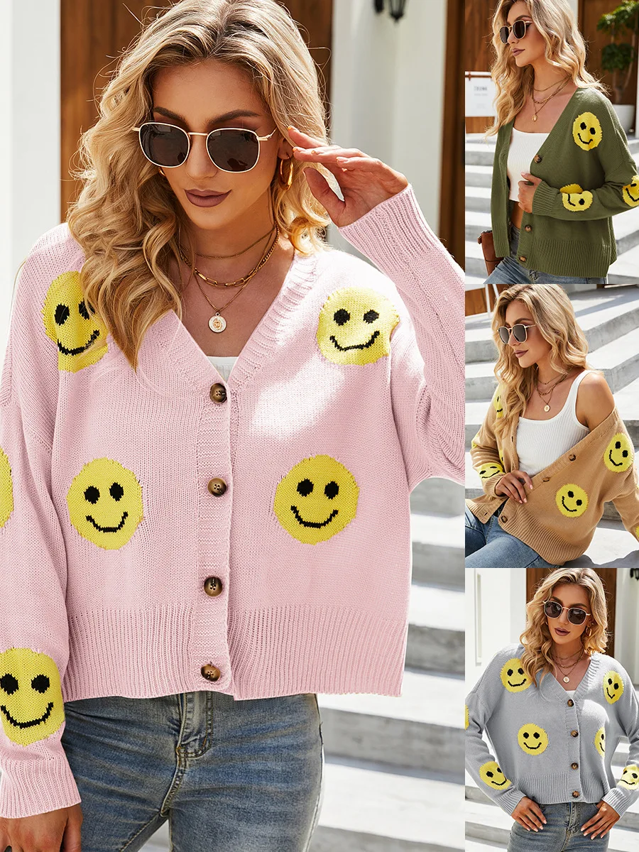 

2023 European American Women's Smiley Knitted Sweater V Neck Long Sleeve Cardigan Jersey Loose Knitwear Female Clothing