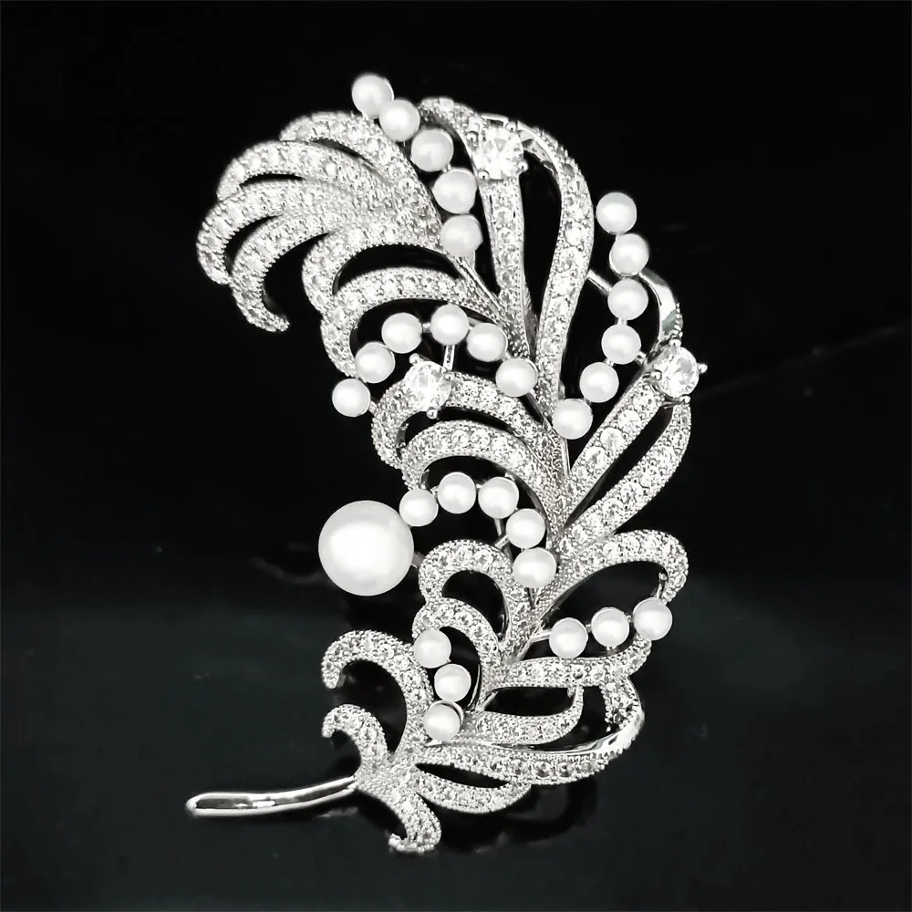 OKILY Heavy Duty Handmade Freshwater Pearl Feather Brooch Exquisite Zircon Feather Leaves Unisex Suit Pin Jewellery Ornament