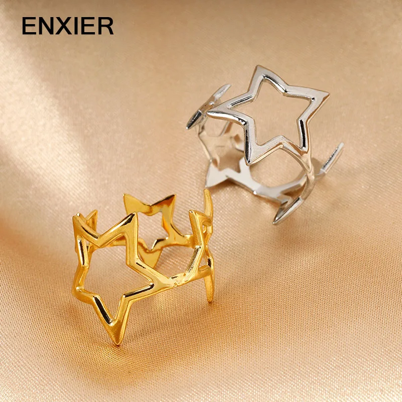 

ENXIER New Simple Hollow Star Rings For Women 316L Stainless Steel Creative Pentagram Open Adjustable Ring Ladies Jewelry