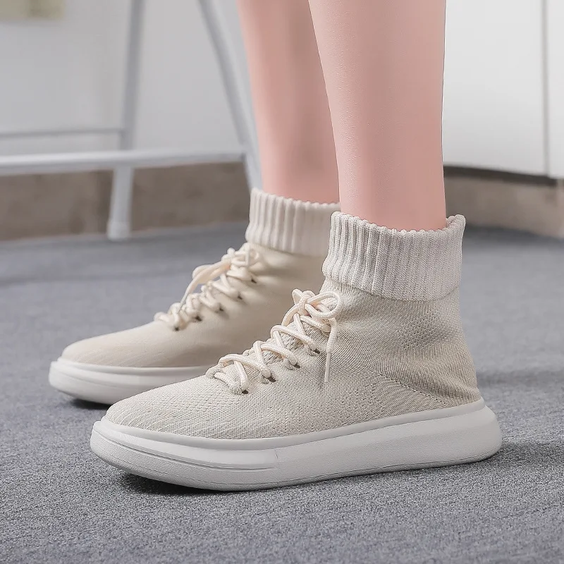 Autumn Women Sock Boots Slip on Elastic Ankle Boots Anti-Skid Stripe Platform Casual Sport Shoes Cushioning Knitted work Boots