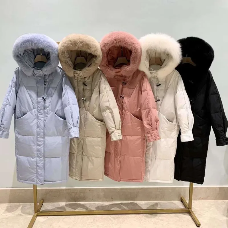 White Duck Down Jacket Women's New Winter Big Real Fur Hooded Middle And Long Korean Over Knee Fashion Elegant Horn Solid Parker