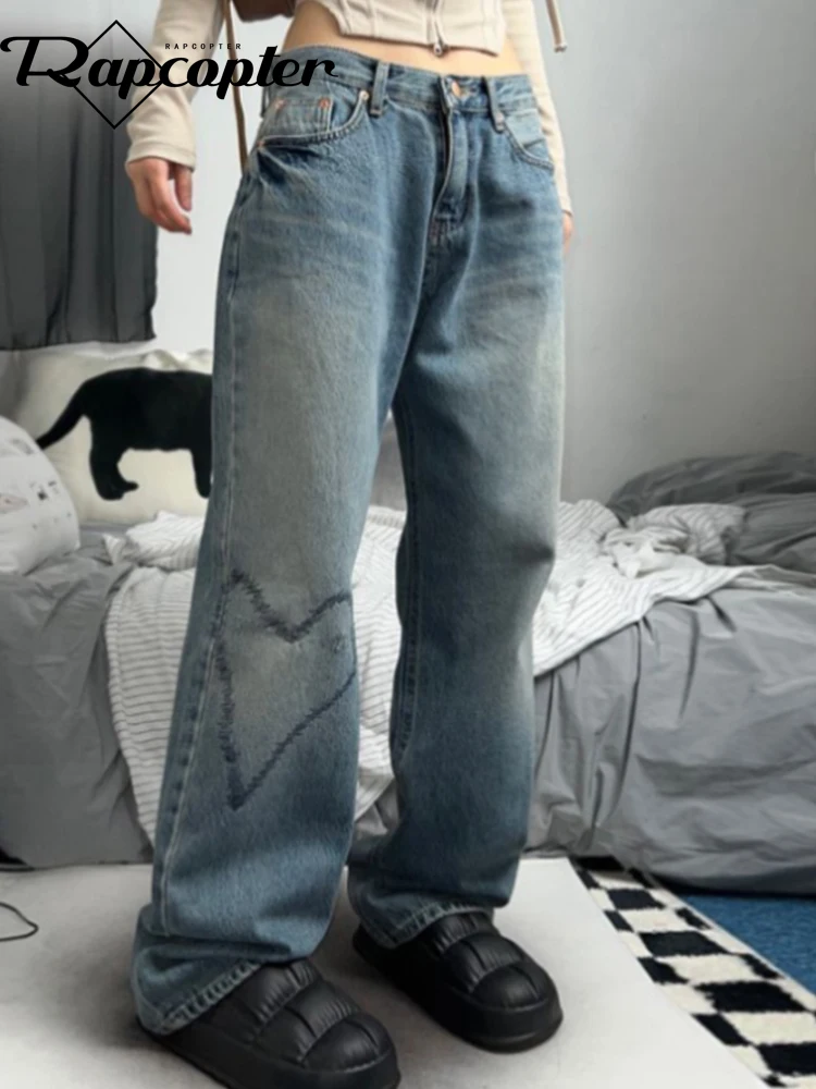 

Джинсы Rapcopter y2k женские с сердечками, мешковатые прямые эстетические брюки с принтом тай-дай, повседневные уличные штаны в Корейском стиле, м...