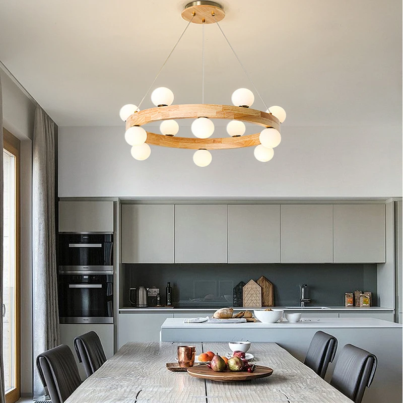 

Country Log Style Round Chandelier Nordic Simple Wood Glass Hanging Lamp For Living Room Bedroom Dining Room Penthouse Hotel LED