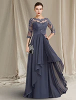 a line mother of the bride dress plus size elegant jewel neck floor chiffon lace 34 length sleeve with pleats ruched