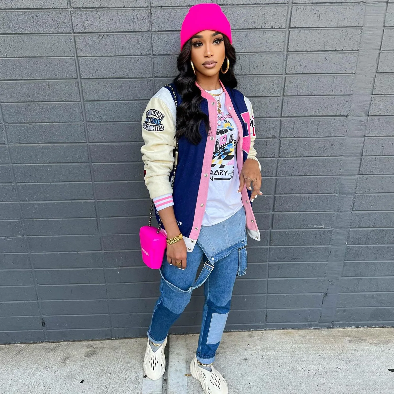 

Echoine Letter Print Baseball Fashion Fall Jackets For Women Hip Hop Color Patchwork Varsity Bomber Jacket Oversize Streetwear