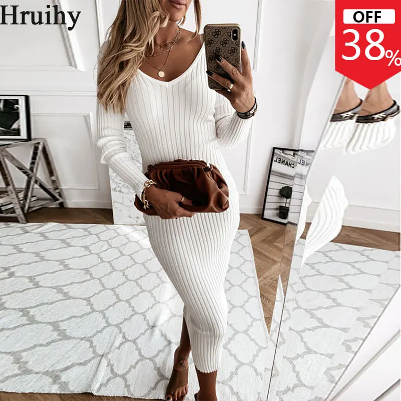 

Вечерние платья с длинным рукавом и V-образным вырезом, однотонные вязаные облегающие модные платья для женщин, вечерние Клубные летние и ос...